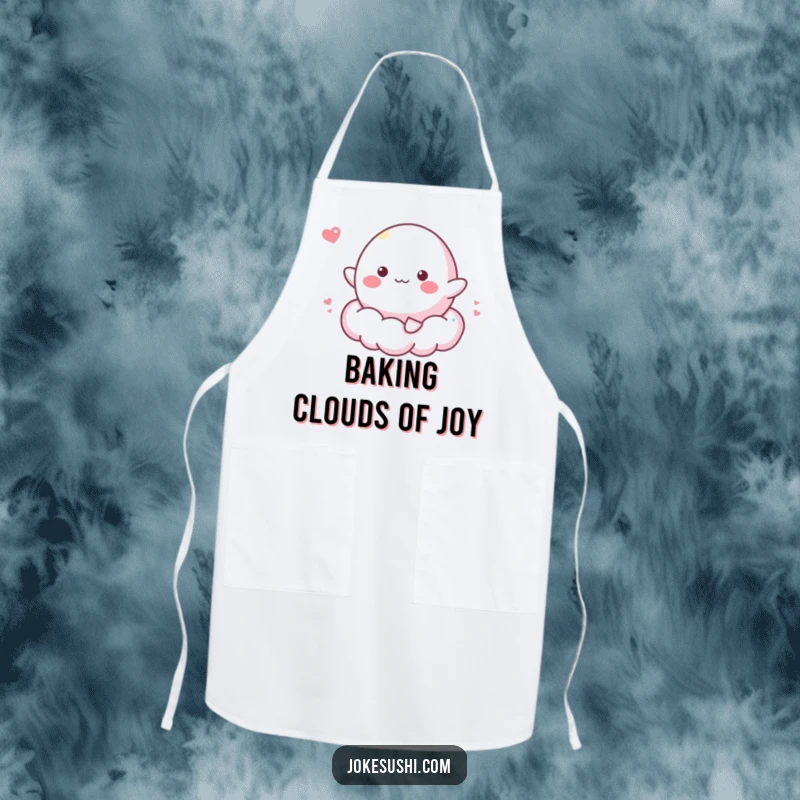 Funny apron with a cheerful mochi character bouncing on a fluffy cloud, a humorous and sweet kitchen accessory.