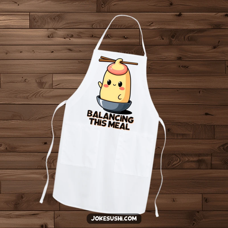 Funny tamagoyaki apron with a cheerful character balancing chopsticks on its head, a humorous kitchen accessory.