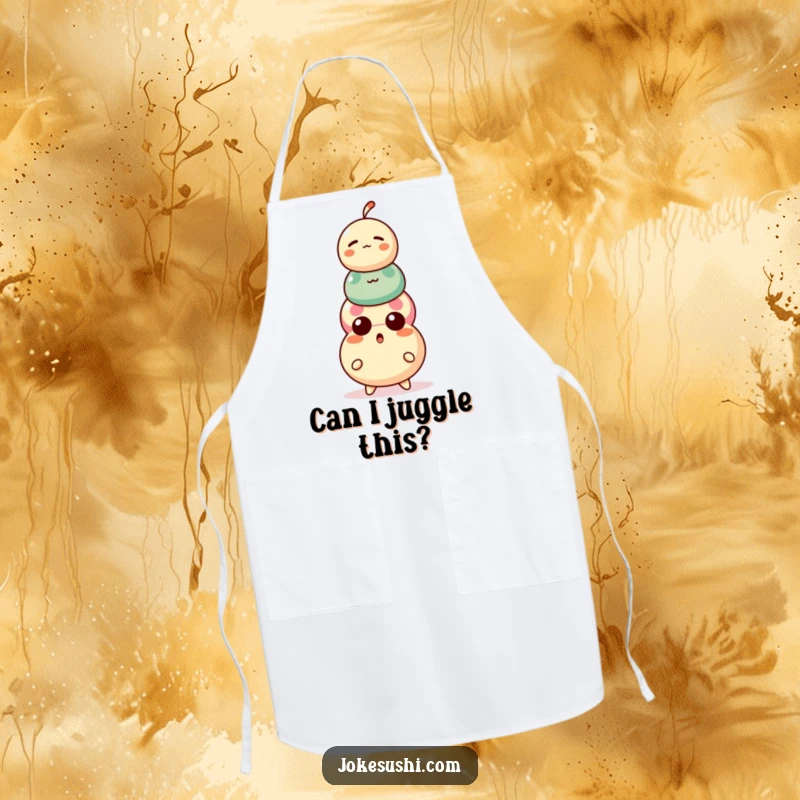 Funny Dango Apron: A surprised dango character balancing on a precariously stacked three-ball treat, perfect for chefs.
