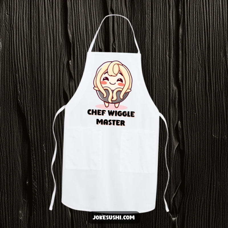 Funny apron showing a delighted udon noodle character wiggling with happiness, perfect for adding a humorous and cheerful touch to cooking.