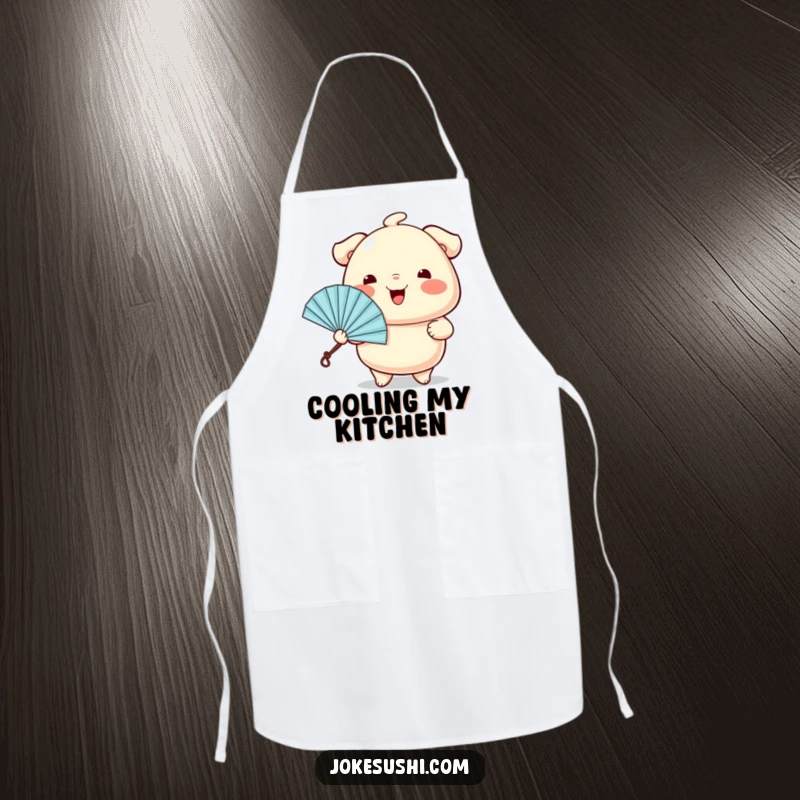 Funny apron adorned with a wiggling dumpling character cheerfully offering a tiny fan, perfect for a cute cooking experience.