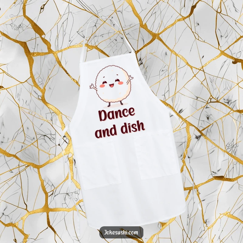 Funny apron showing a smiling rice ball character with tiny arms, caught in a delightful silly dance while cooking.