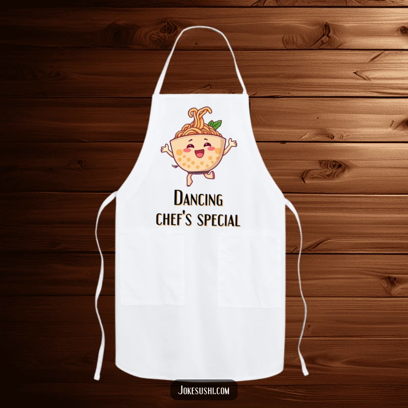 Funny apron with a cheerful ramen bowl character dancing energetically, noodles creating a joyful swirl, perfect kitchen attire.