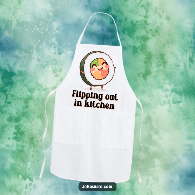 Funny Sushi Roll Apron: A smiling sushi roll with small legs performs a cartwheel, adding humor to kitchen wear.