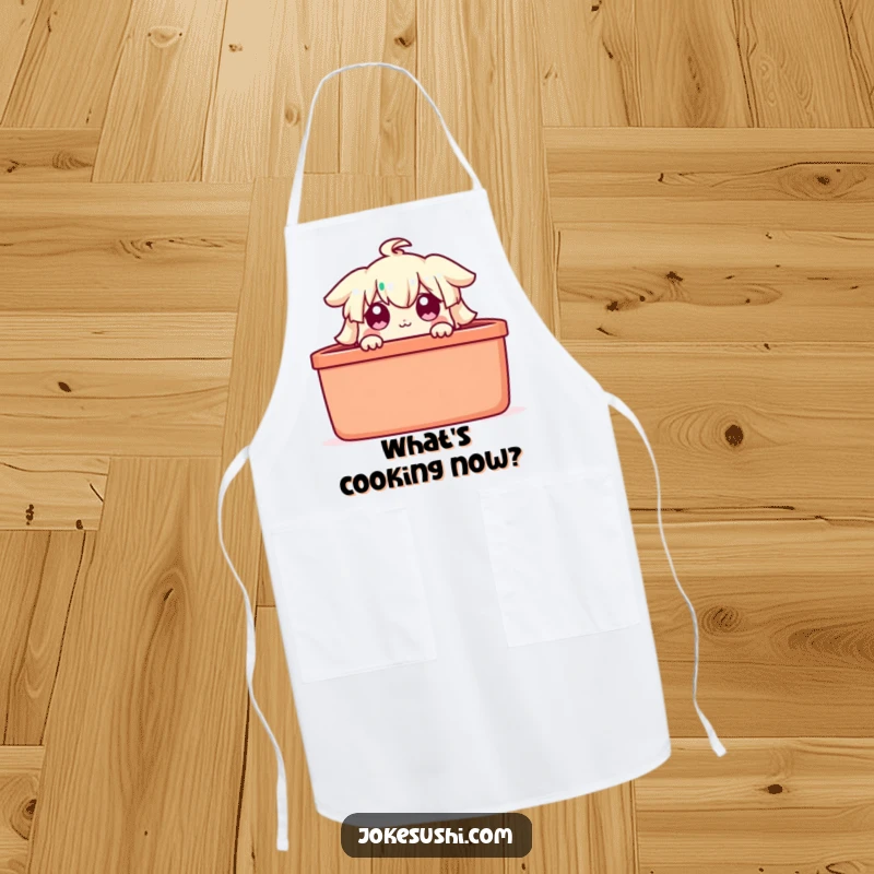 Funny bento box apron, a character peeking with wide eyes, adding humorous surprise to cooking activities.