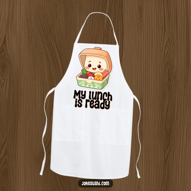 Funny apron with a grinning bento box popping open to reveal smiling food items, great for cooking.