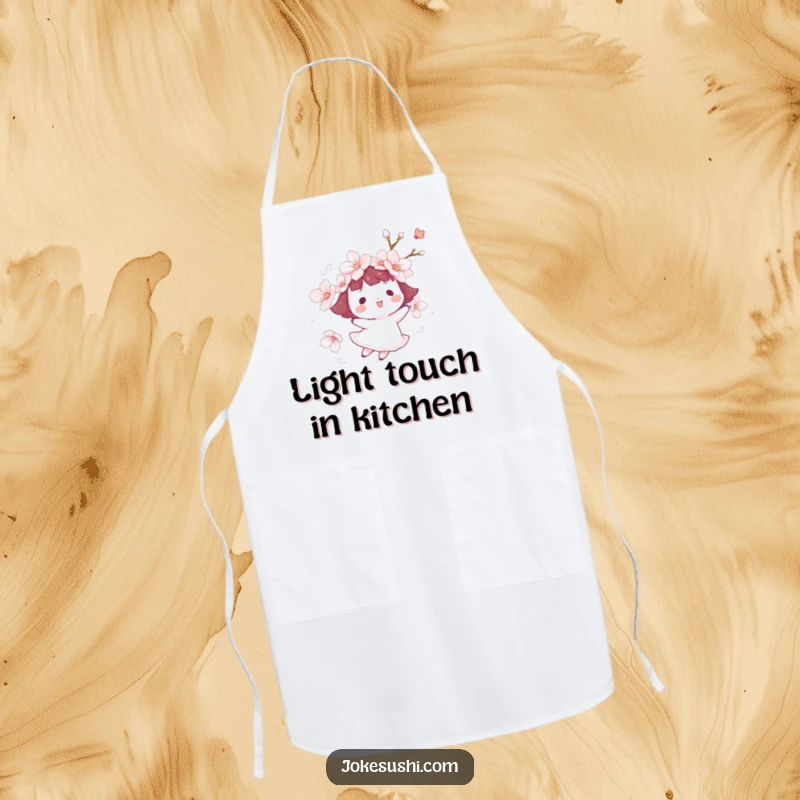 Funny cherry blossom apron with a character happily floating on a gentle breeze, adding a touch of serene humor to kitchen activities.