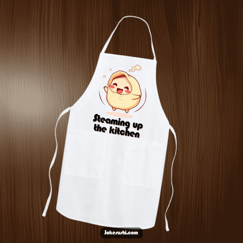 Funny apron displaying a giggling gyoza character spinning rapidly with steam, perfect for chefs.