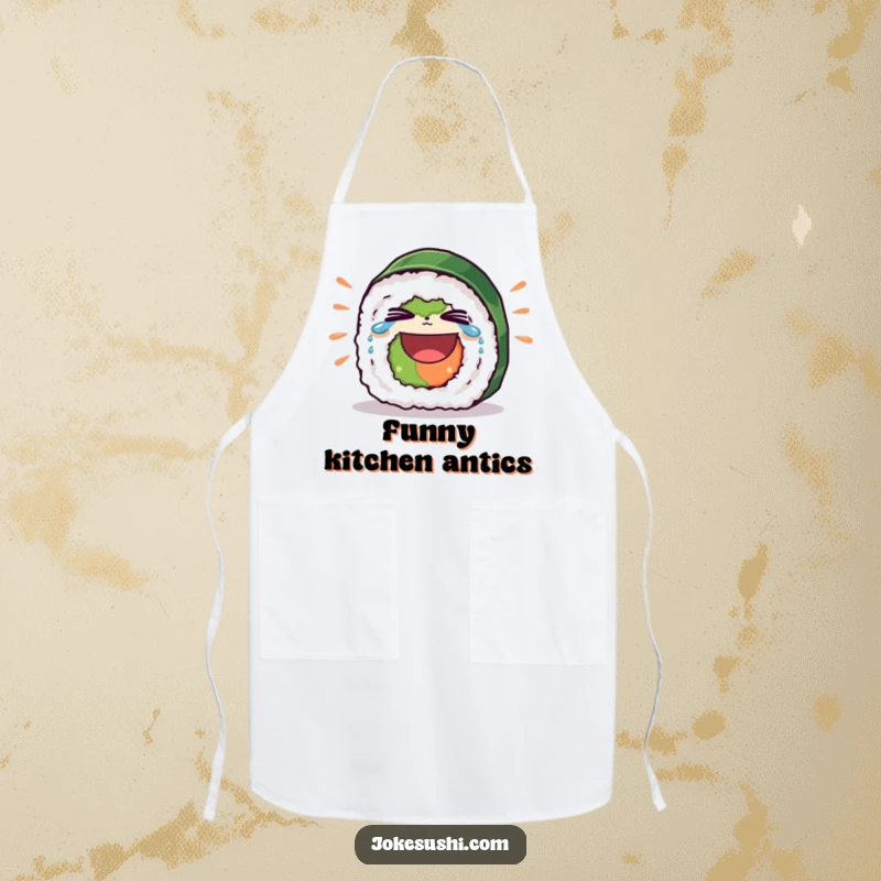 Funny apron with a sushi roll character laughing heartily, tears streaming from its eyes, perfect attire for the kitchen.
