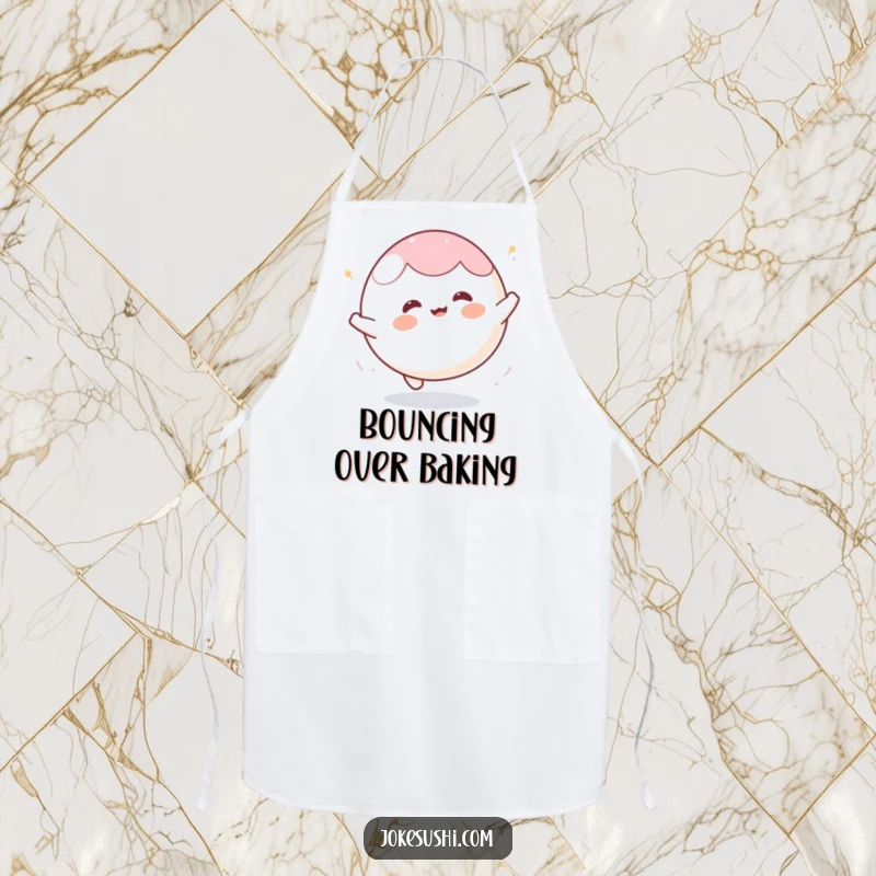 Funny mochi apron with a happy character bouncing enthusiastically like a ball, ideal for a playful cook in the kitchen.