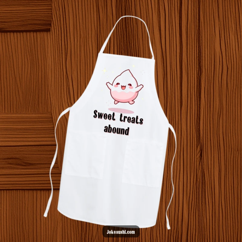 Funny apron depicting a playful mochi character bouncing gleefully with a trail of sparkling dust, perfect for kitchen fun.