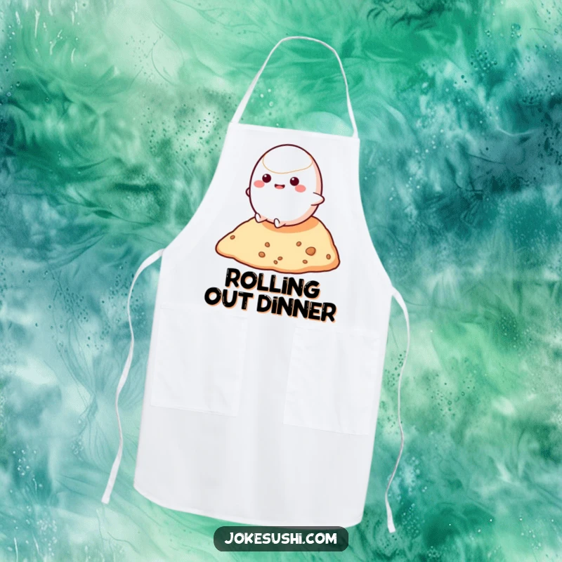 Funny apron showing a bouncy mochi character rolling down a small hill, perfect for adding fun and humorous flair to cooking.
