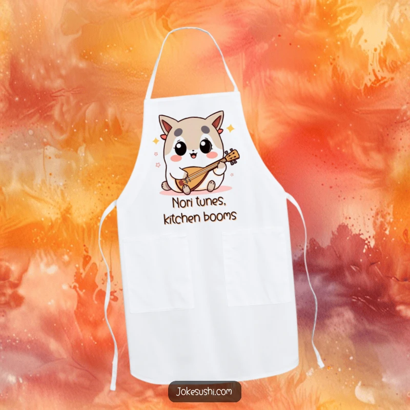 Funny nori seaweed apron with a big-eyed character enthusiastically playing a shamisen, perfect for cooking with musical flair.