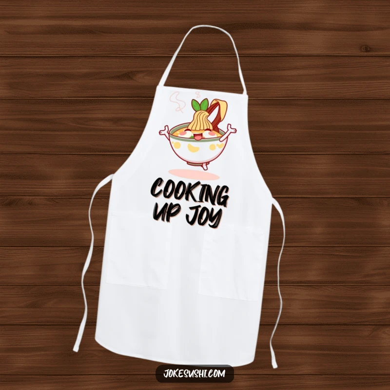 Funny Apron: A cheerful ramen bowl character dances with steam, a comforting and practical funny gift for cooks.