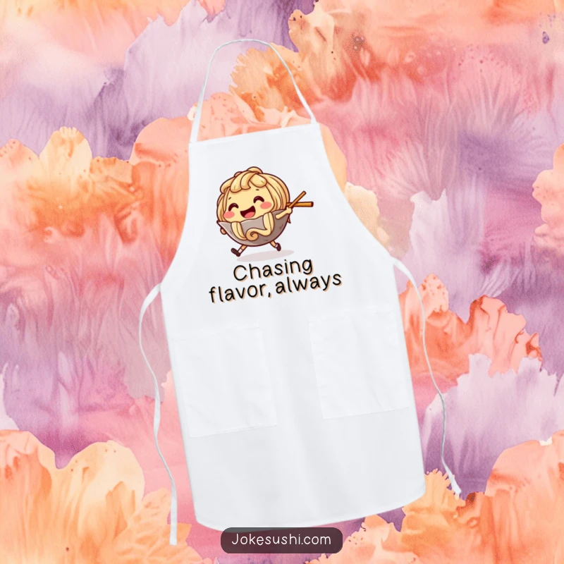 Funny Apron showing a smiling ramen noodle character playfully chasing a chopstick, great for cooking enthusiasts.