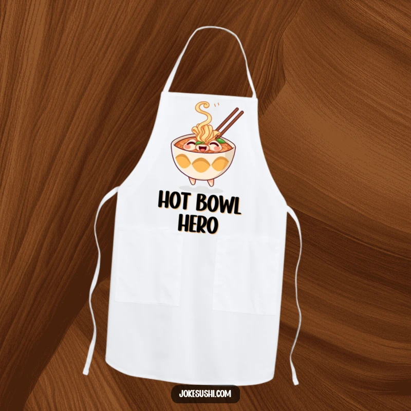 Funny apron showing a cheerful ramen bowl character with playful steam, adding a warm and humorous element to cooking.