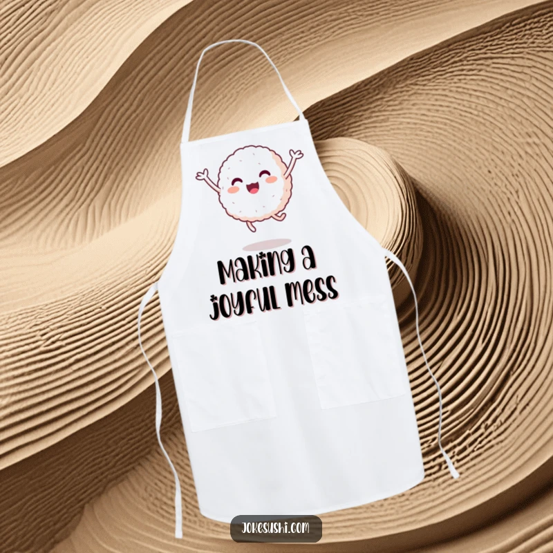 Funny Rice Ball Apron: A happy rice ball with short arms jumps playfully, adding humor to kitchen wear.