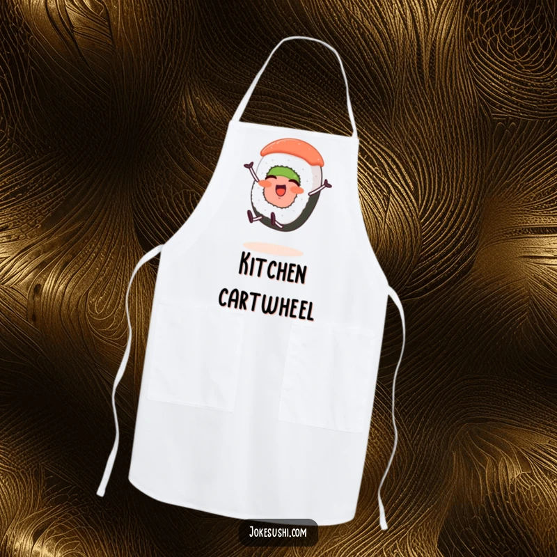 Funny apron showing a sushi roll character with stubby legs joyfully doing a cartwheel, ready for kitchen adventures.