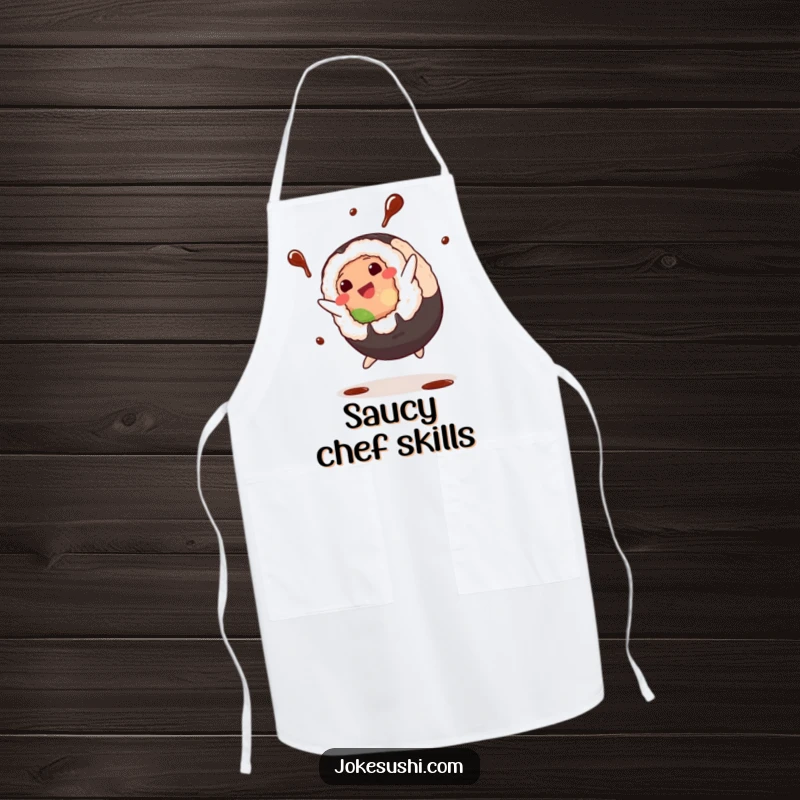 Funny Apron: Plump sushi roll character performing a cartwheel with soy sauce splashing, a humorous and practical kitchen accessory.