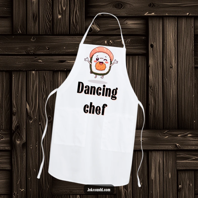 Funny sushi nigiri apron with a delighted character dancing, adding a fun and energetic touch to kitchen wear. A humorous culinary companion.