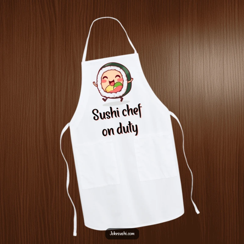 Funny apron showcasing a smiling sushi roll character with tiny legs, hopping excitedly, making cooking a fun and humorous activity.