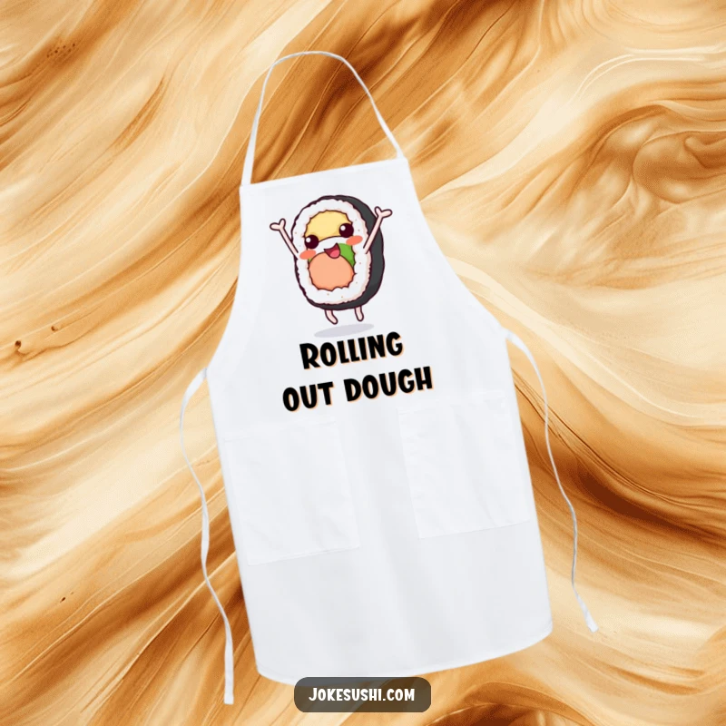 Funny Apron: A sushi roll character with limbs doing a cheerful somersault, a fun and practical funny gift for cooks.