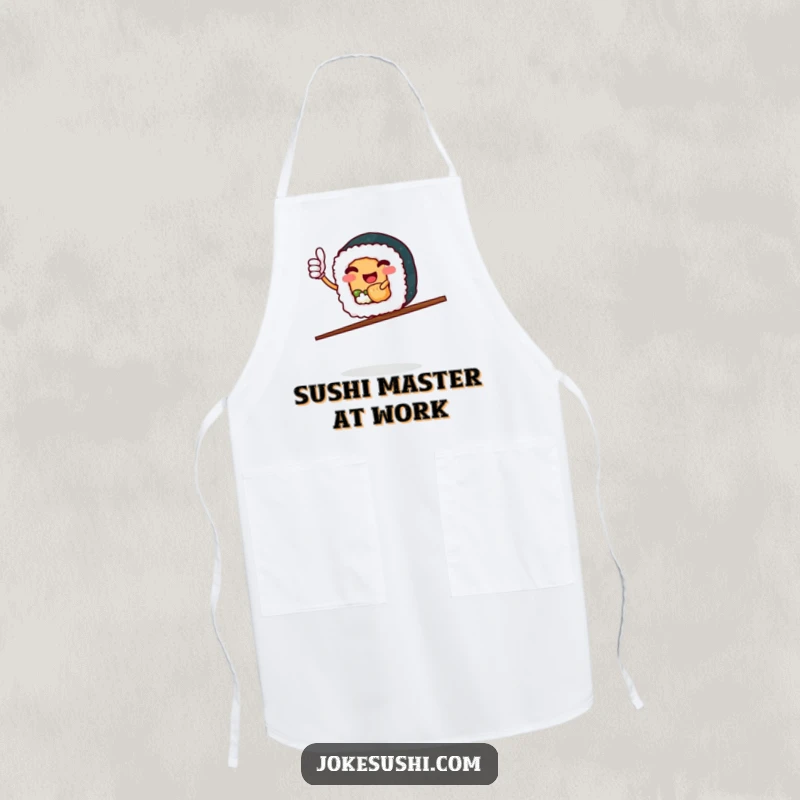 Funny Sushi Roll Apron: Cheerful sushi character giving thumbs up, balancing on chopsticks, adding kitchen humor.