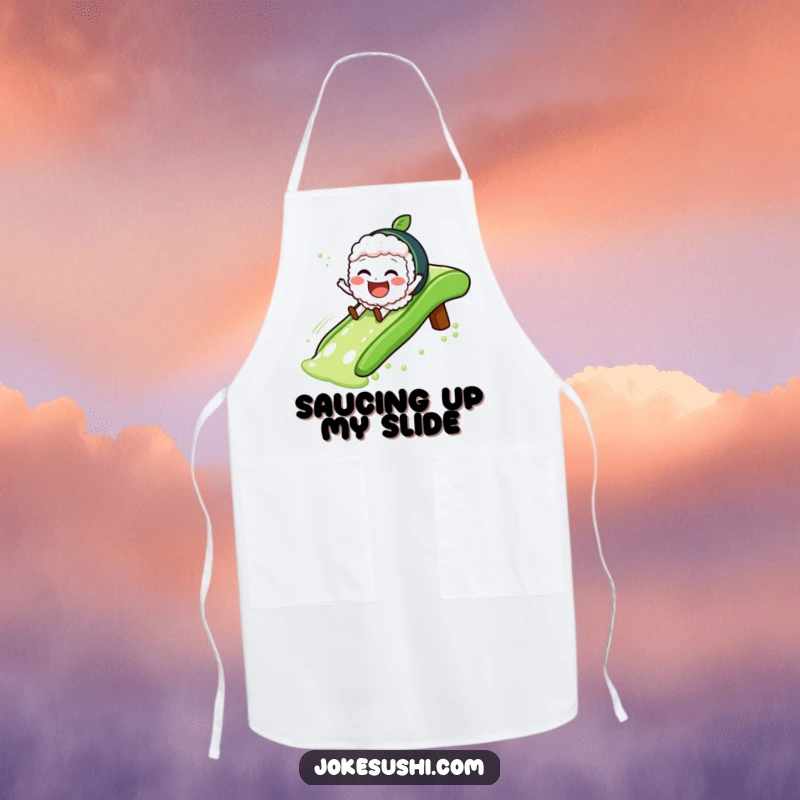 Funny Apron featuring a happy sushi character sliding down a green tea slide, ideal for cooking enthusiasts.