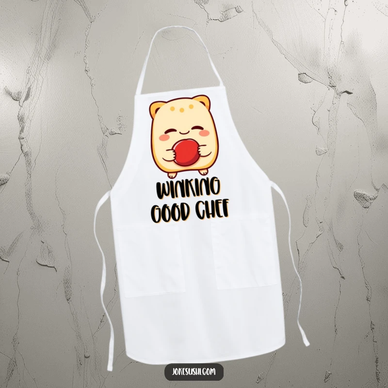 Funny apron showing a cheerful taiyaki character winking while holding a red bean, perfect for adding sweet and humorous flair to cooking.