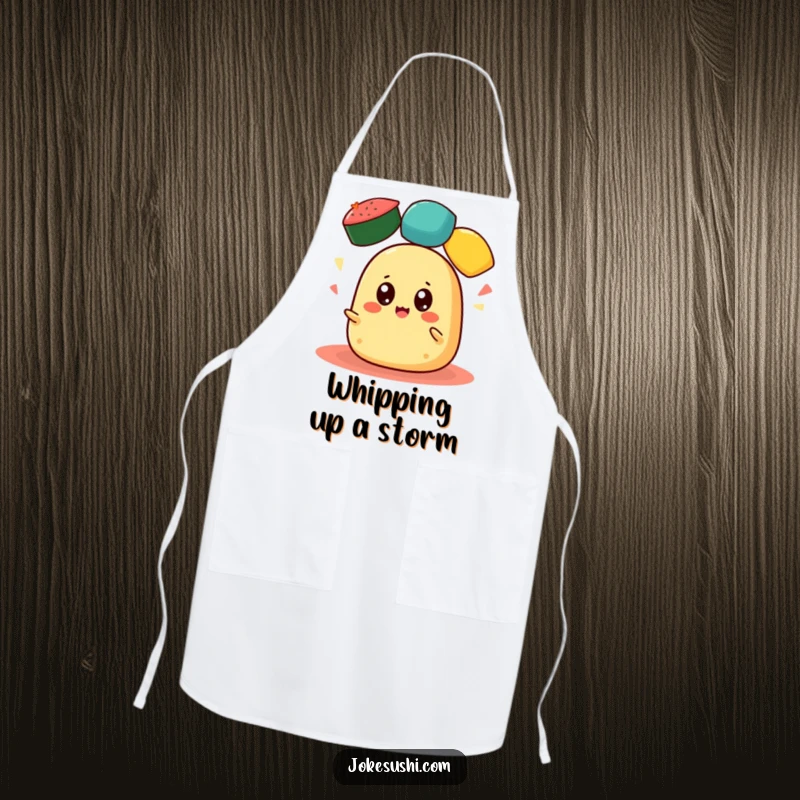 Funny Tamagoyaki Apron: A cheerful tamagoyaki with wide eyes juggles colorful roe, adding humor to kitchen wear.