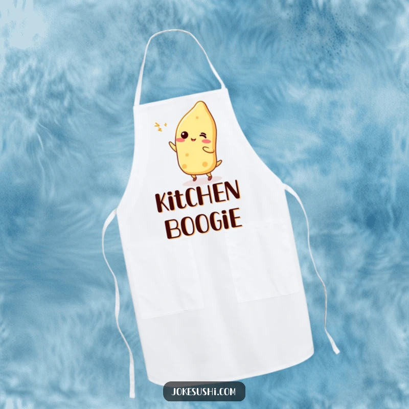 Funny Tamagoyaki character doing a silly dance on a kitchen apron, ready to add rhythm to your cooking.