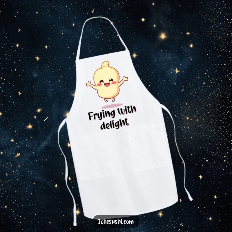 Funny Tempura Apron: Happy tempura character bouncing with joy on tiny legs, perfect for kitchen tasks and adding a funny, energetic touch.