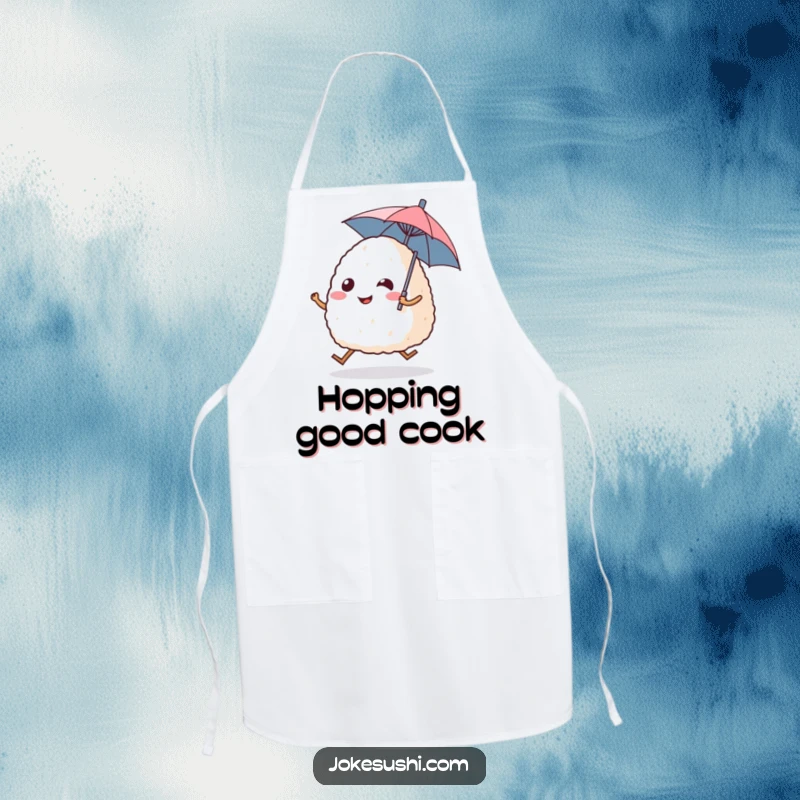 Funny apron with a smiling onigiri rice ball character hopping with legs, holding a tiny umbrella, perfect for cooking tasks.