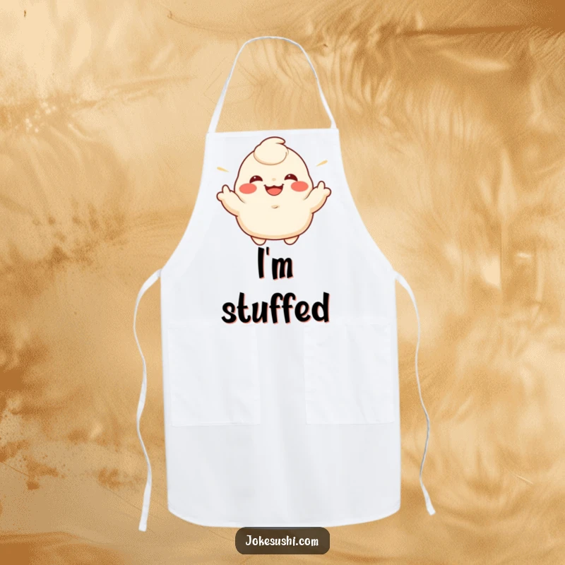 Funny apron with a grinning dumpling character enthusiastically gesturing its sides, ideal for chefs.