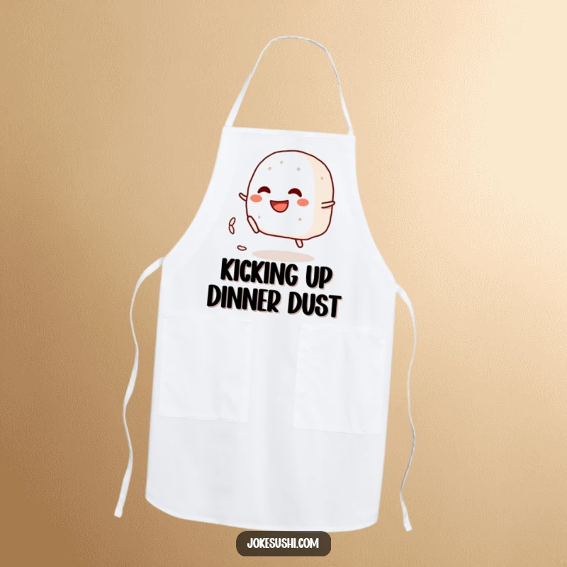 Funny apron with a grinning onigiri character playfully kicking a rice grain, a humorous and practical kitchen accessory.