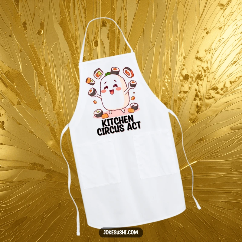 Funny apron print of a cheerful onigiri character juggling sushi pieces, ideal for sushi chefs and enthusiasts who enjoy humor in the kitchen.