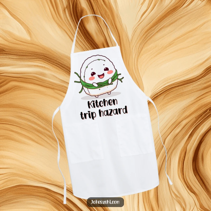 Funny Apron: Smiling onigiri character tripping over its seaweed belt, a humorous and practical kitchen accessory.