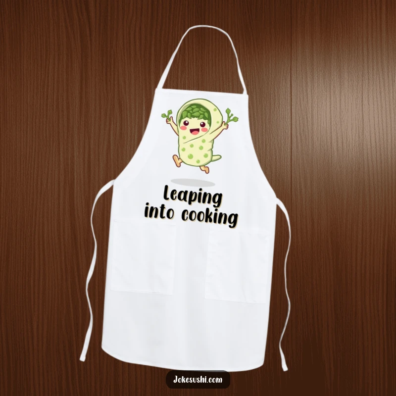 Funny seaweed wrap apron with a peppy character in a leaping pose, a humorous kitchen accessory.