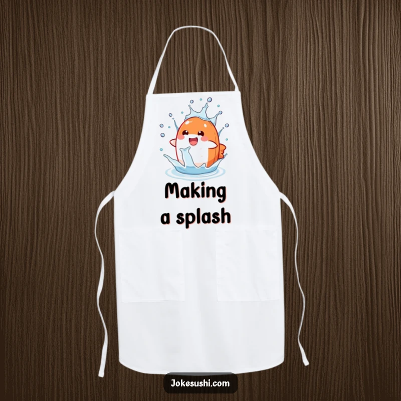 Funny salmon nigiri apron with a delighted character splashing in a water drop, a humorous kitchen accessory.
