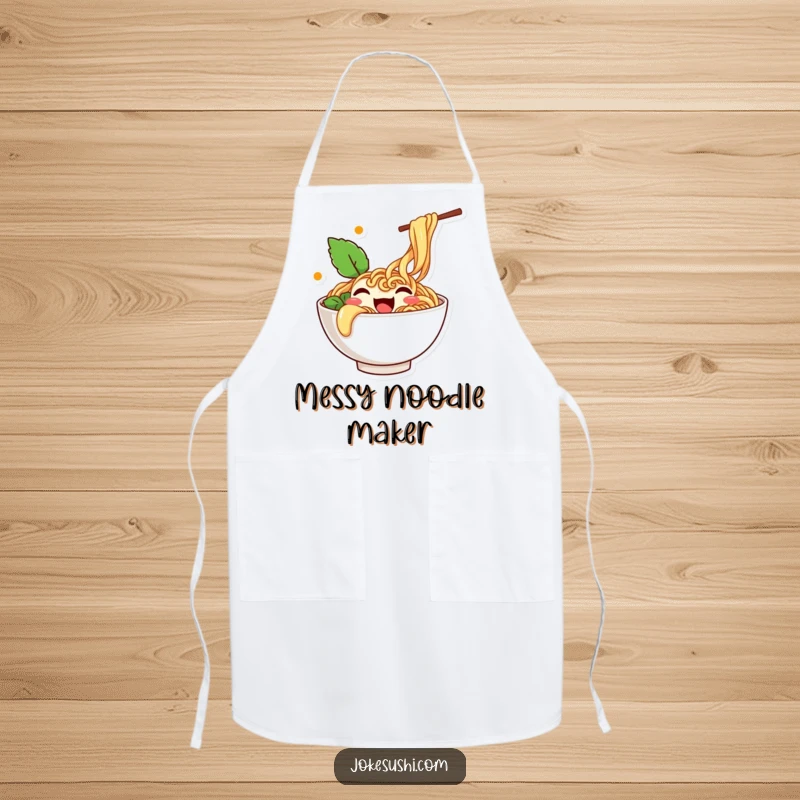 Funny apron showing a happy ramen bowl character overflowing with noodles and wiggling enthusiastically.