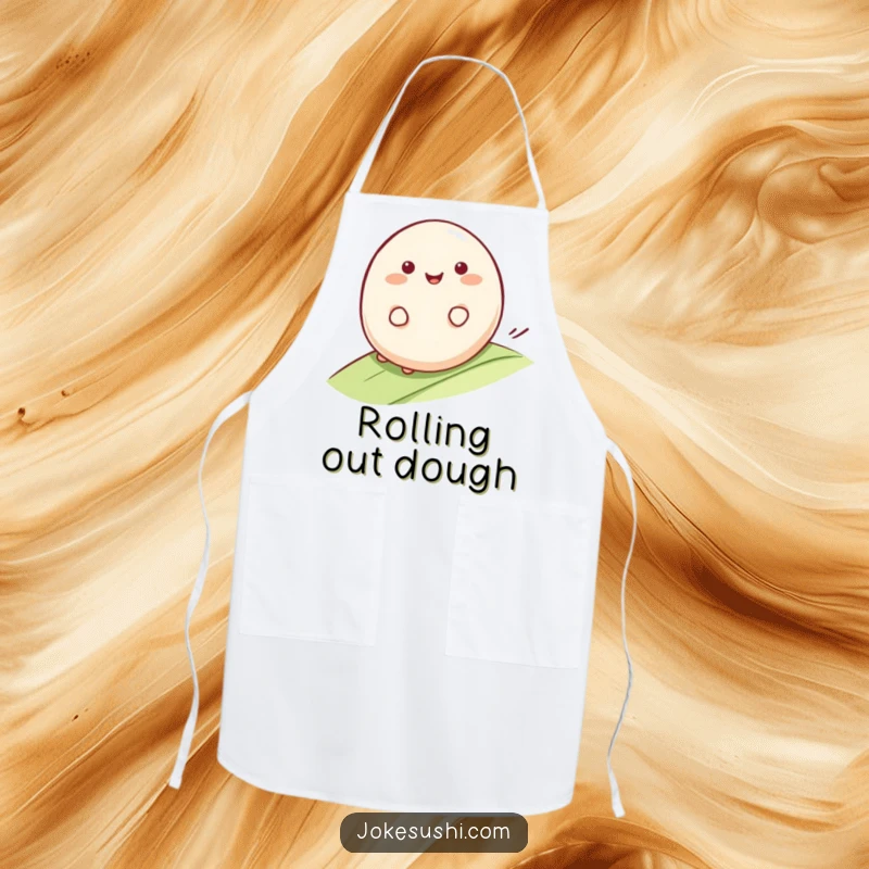 Funny Mochi Apron: Smiling mochi character rolling happily down a gentle slope, perfect for kitchen tasks and adding a funny, sweet touch.