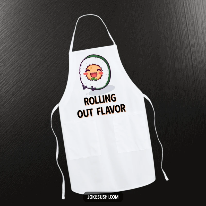 Funny apron featuring a smiling sushi roll character with tiny legs rolling downhill, perfect for humorous kitchen activities.
