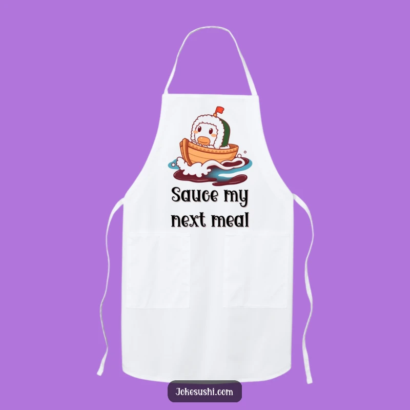 Funny Sushi Boat Apron: Contented Character Cooks on Soy Sauce Wave, Chef Gift!