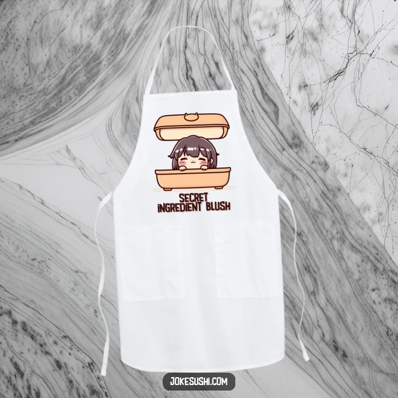 Funny apron displaying a blushing bento box character peeking out from under its lid, perfect for cute kitchens.
