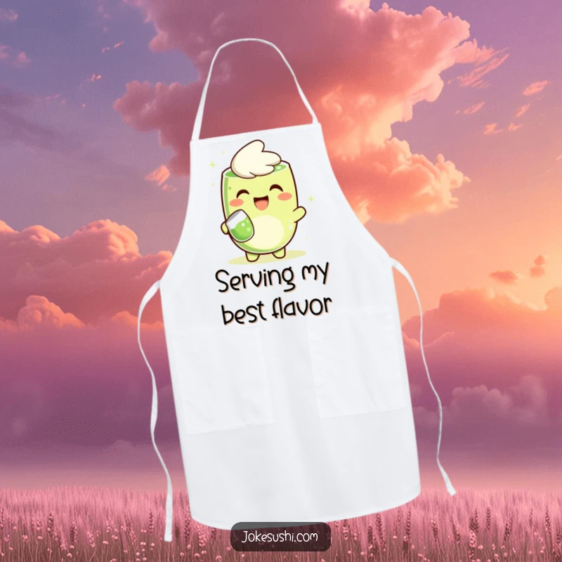 Funny apron with a happy matcha green tea character cheerfully pouring tea while cooking, a perfect gift for kitchen humor.
