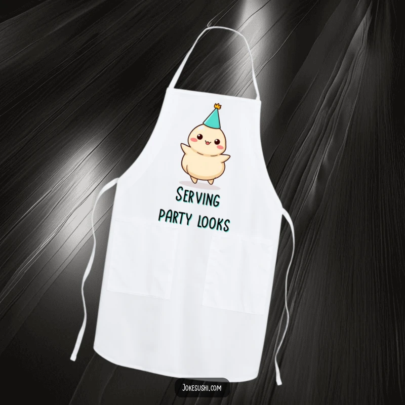 Funny dumpling party apron, a character in a party hat spinning, bringing a festive and humorous touch to cooking.