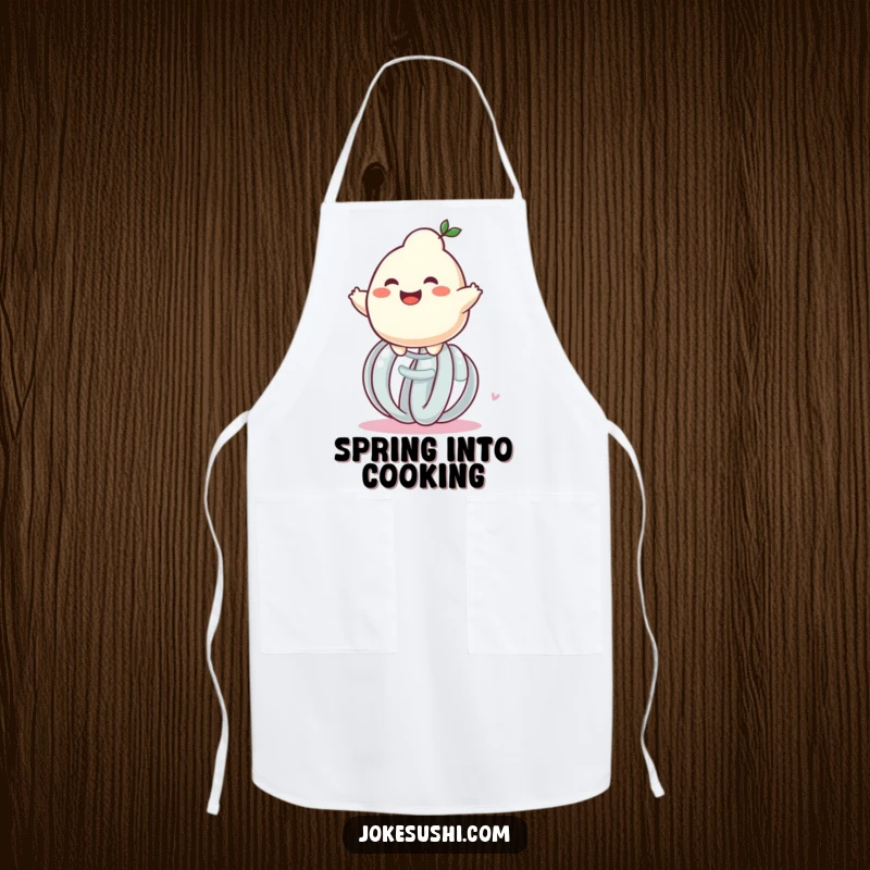 Funny grinning dumpling character bouncing on a giant spring, a humorous and practical apron for delightful cooking.