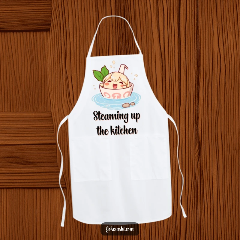 Funny apron showing a delighted ramen bowl character splashing in a tiny hot spring, perfect for cooking with warmth and fun.