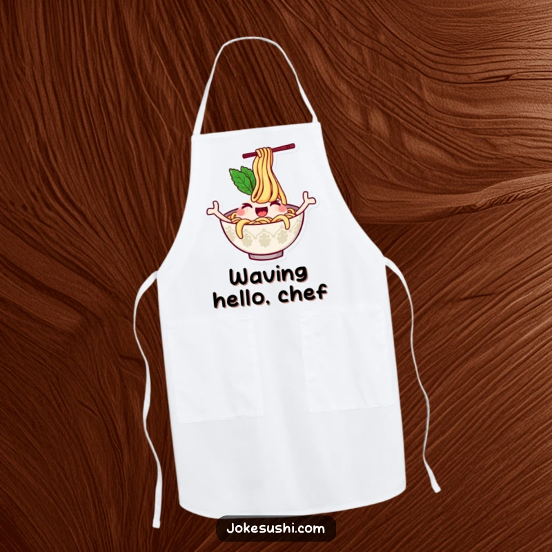 Funny apron designed with a winking ramen bowl character with noodles waving like arms, perfect for comedic kitchen adventures.