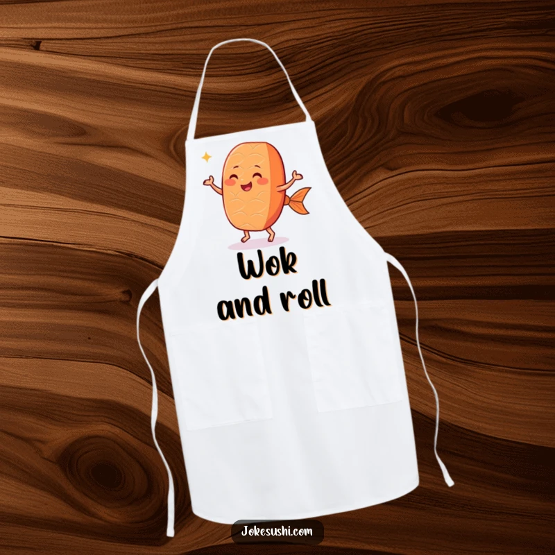 Funny salmon nigiri apron showing a smiling sushi piece with small feet performing a celebratory dance, ideal for culinary fun.